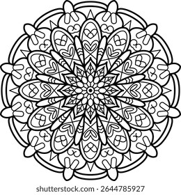 Design de mandala intrincado para colorir, meditação ou projetos decorativos. Perfeito para livros de colorir adultos, práticas espirituais, design gráfico e expressão artística