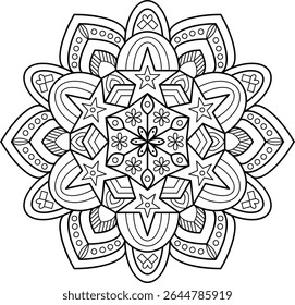 Intricate mandala design for coloring, relaxation, or decorative purposes. Features geometric patterns, stars, and floral elements, perfect for art therapy or creative projects