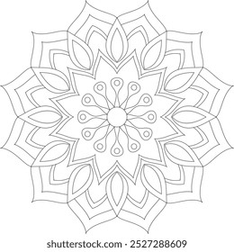 Design de mandala intrincado com padrões geométricos delicados, motivos florais simétricos e detalhes de linha fina. Apresentando uma mistura harmoniosa de curvas, círculos e formas, perfeito para meditação
