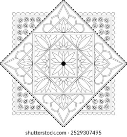 Intricate mandala design with delicate geometric patterns, symmetrical floral motifs, and fine line details. Featuring a harmonious blend of curves, circles, and shapes, perfect for meditation