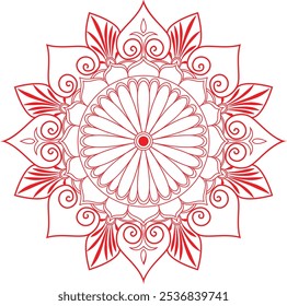 Design de mandala intrincado com padrões geométricos delicados, motivos florais simétricos e detalhes de linha fina. Apresentando uma mistura harmoniosa de curvas, círculos e formas, perfeito para meditação