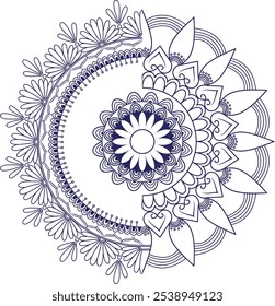 Diseño de mandala intrincado con delicados patrones geométricos, motivos florales simétricos y detalles de líneas finas. Con una mezcla armoniosa de curvas, círculos y Formas, perfecto para la meditación