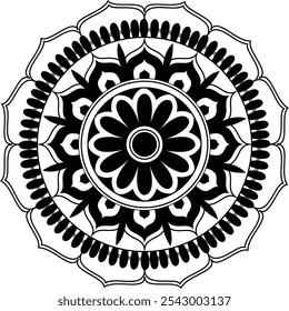 Diseño de mandala intrincado con delicados patrones geométricos, motivos florales simétricos y detalles de líneas finas. Con una mezcla armoniosa de curvas, círculos y Formas, perfecto para la meditación