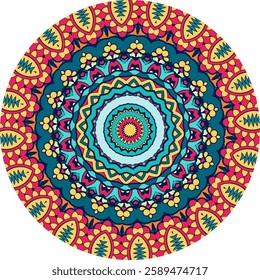 Intricate mandala design features a colorful, symmetrical pattern in a variety of shades