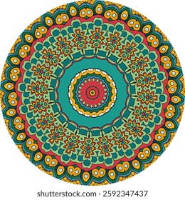 Intricate mandala design features a colorful, symmetrical pattern in a variety of shades