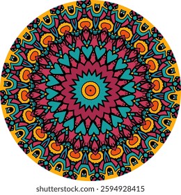 Intricate mandala design features a colorful, symmetrical pattern in a variety of shades