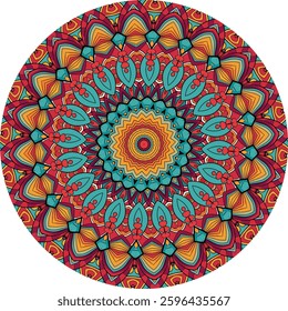 Intricate mandala design features a colorful, symmetrical pattern in a variety of shades