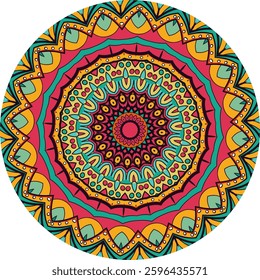 Intricate mandala design features a colorful, symmetrical pattern in a variety of shades