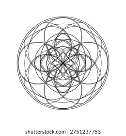 Intricate mandala design featuring a complex arrangement of interlocking circles, creating a visually captivating and symmetrical abstract pattern.