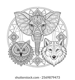 
Intricate Mandala Design Featuring Elephant and Wolf Heads 
