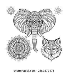 
Intricate Mandala Design Featuring Elephant and Wolf Heads 
