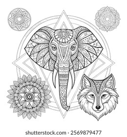 
Intricate Mandala Design Featuring Elephant and Wolf Heads 
