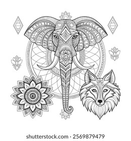 
Intricate Mandala Design Featuring Elephant and Wolf Heads 
