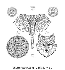 
Intricate Mandala Design Featuring Elephant and Wolf Heads 
