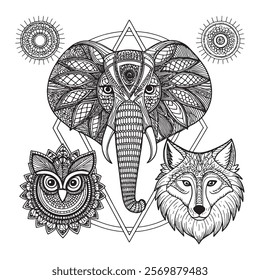 
Intricate Mandala Design Featuring Elephant and Wolf Heads 
