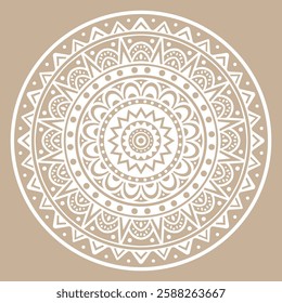 An intricate mandala design featuring geometric patterns and symmetrical shapes, with delicate white lines on a beige background, offering a calming and artistic visual appeal.