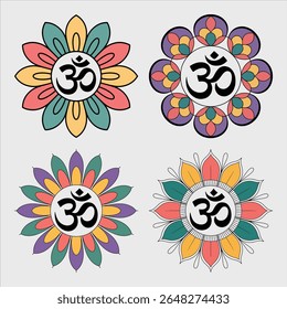 Intricate mandala design featuring the Om symbol at the center surrounded by symmetrical spiritual elements for mindfulness and meditation themes