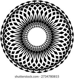 An intricate mandala design featuring overlapping oval shapes that create a fine mesh lace effect. Great for wedding invites.