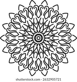 Intricate mandala design featuring symmetrical patterns and geometric shapes. Suitable for coloring books, backgrounds, or decorative elements in various projects.