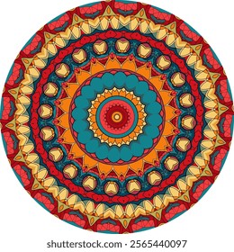 Intricate Mandala Design Featuring Vibrant Red, Blue, and Yellow Patterns