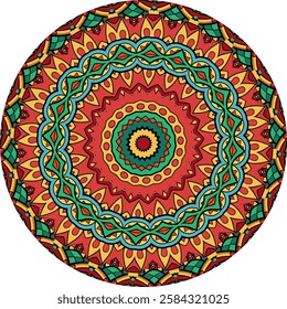 Intricate Mandala Design Featuring Vibrant Red, Blue, and Yellow Patterns