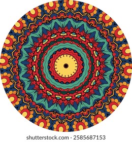 Intricate Mandala Design Featuring Vibrant Red, Blue, and Yellow Patterns