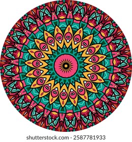 Intricate Mandala Design Featuring Vibrant Red, Blue, and Yellow Patterns