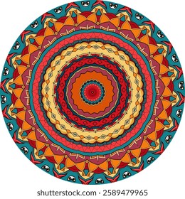 Intricate Mandala Design Featuring Vibrant Red, Blue, and Yellow Patterns