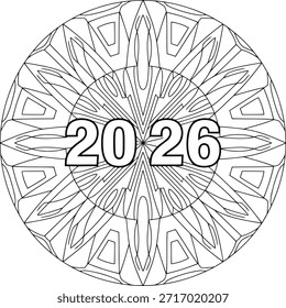 Un intrincado diseño de mandala que presenta el año 2026 en un patrón circular, ilustrado en blanco y negro.
