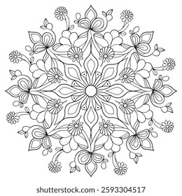 An intricate mandala design filled with beautiful flowers, leaves, and floral patterns. The design should be symmetrical and balanced, 