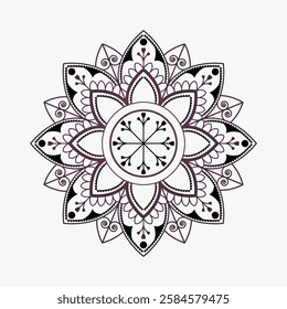 Intricate mandala design with floral patterns and geometric shapes. Symmetrical mandala art featuring detailed floral and geometric elements. Elegant mandala illustration. Vector isolated on white.