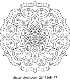 Intricate mandala design, perfect for relaxation, meditation, and creative projects. Features detailed patterns and a harmonious circular composition