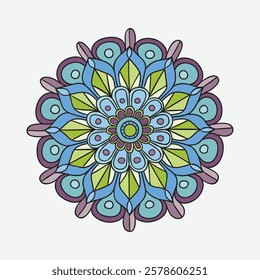 Intricate mandala design, symmetrical floral pattern, pastel colors, purple and blue petals, green accents, circular geometry, delicate line work, zentangle-inspired, peaceful and meditative, calming 