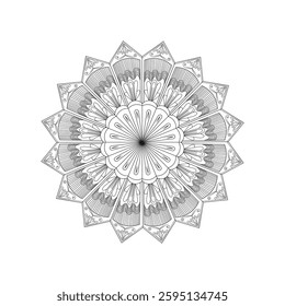 Intricate Mandala Design with Symmetrical Geometric Shapes, Floral Motifs, and Decorative Borders in Black and White Monochrome Illustration for Meditation and Spiritual Art