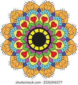 Intricate mandala design with symmetrical patterns, featuring detailed geometric shapes and vibrant colors in a circular arrangement.