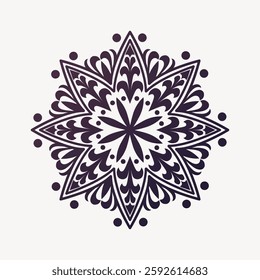 Intricate mandala design with symmetrical patterns. Mandala features floral and geometric elements. Mandala art in black and white. Decorative mandala illustration. Isolated vector illustration.