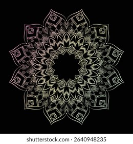 Intricate mandala with floral and geometric patterns in gradient line art on black background. Perfect for yoga, meditation, decor, prints, and spiritual or ornamental design projects.