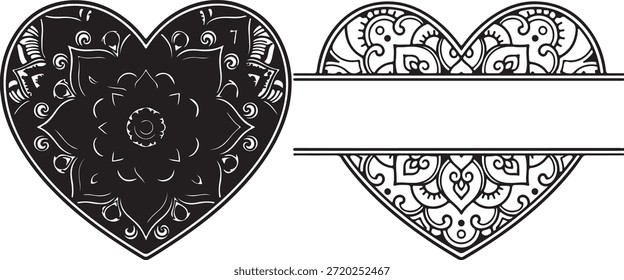 Intrincados patrones de mandala y flores llenan dos Formas de corazón, una completa y otra dividida, ideal para mensajes personalizados.