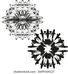Ícones de mandala intrincados. Rodas florais complexas. Padrão sagrado simétrico. Dupla ornamentada de vetor