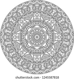An intricate mandala illustration depicting interwoven rings and a starburst of overlapping designs. Perfect for a tattoo design or for a fun coloring project.