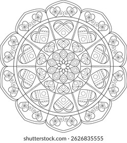 Ilustração de mandala intrincada com formas de coração e elementos florais, adequado para colorir páginas, desenhos decorativos, e temas de amor e Dia dos Namorados