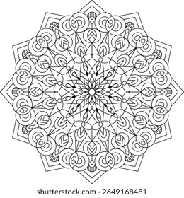 Intrincado mandala line art para colorir, meditação, ou projetos de design decorativo. Apresenta padrões simétricos detalhados, perfeito para criatividade consciente