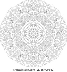 Intricate mandala line art design in black and white. Decorative circular ornament with paisley and floral elements, perfect for adult coloring book pages, relaxation, meditation, and printable coloring activities.