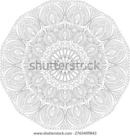 Intricate mandala line art design in black and white. Decorative circular ornament with paisley and floral elements, perfect for adult coloring book pages, relaxation, meditation, and printable coloring activities.