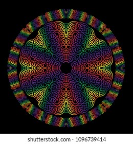 Intricate mandala made with celtic knot design in rainbow colors.