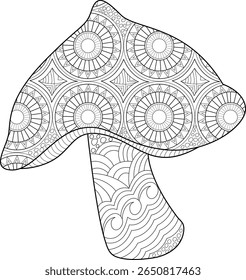Intrincado Mandala Cogumelo Linha Arte Ilustração para livros de colorir adultos. Projeto Zen Doodle Fungo Padrão Detalhado Perfeito para Relaxamento, Projetos Criativos e Decoração Inspirada Na Natureza.