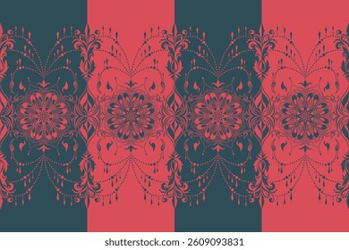 Intricate mandala pattern in Coral Rose and Deep Teal. Ideal for fabric, luxury packaging, wallpaper, or bohemian-inspired designs. Elegant and seamless