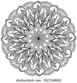 Intricate mandala with striped patterns and peacock feathers, coloring page with ornate motifs vector illustration