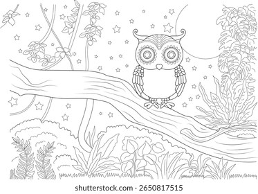 Coruja estilo Mandala intrincado empoleirado em um galho de árvore à noite com lua e estrelas, cercado por exuberante folhagem de floresta. Uma ilustração detalhada da arte da linha para livros de colorir adultos e relaxamento.