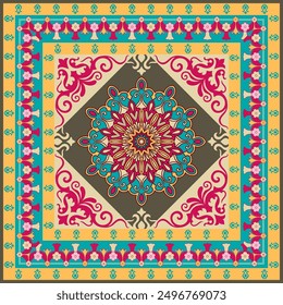 Intricate Mandala Tapestry vibrant and intricate mandala pattern adorns a square tapestry, showcasing a captivating mix of colors and intricate details. The mandala's central motif is surrounded